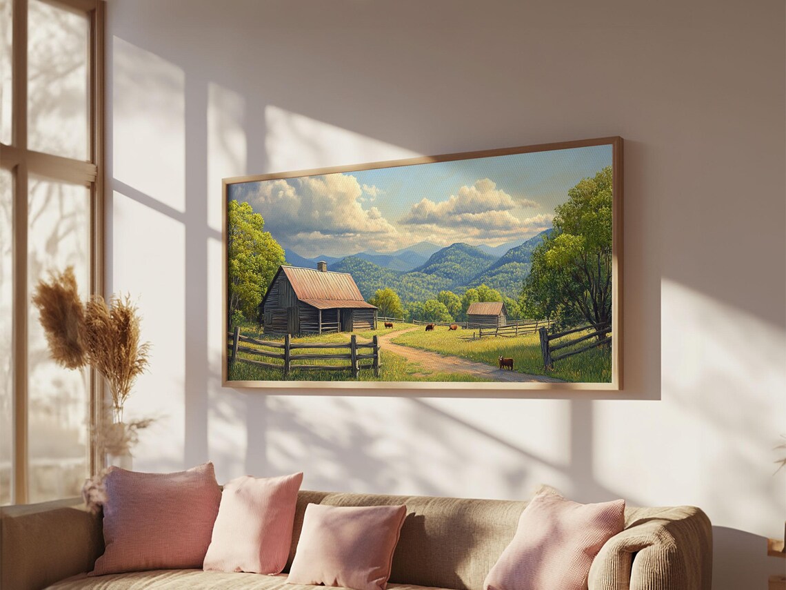 Mountain Farm Homestead Barn Green Valley Cattle Landscape Art Print