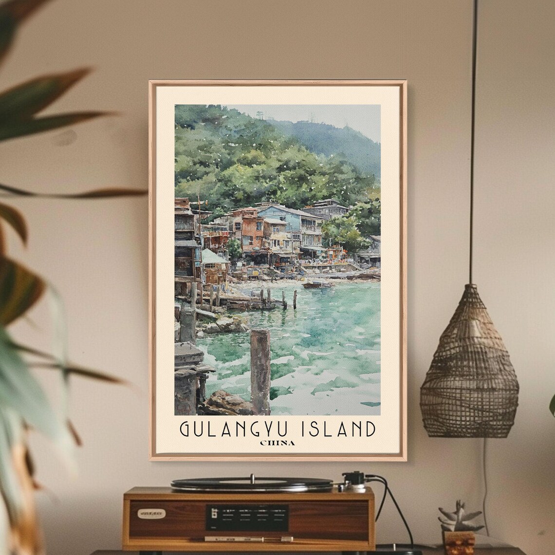Gulangyu Island China Waterfront Village Green Hills Watercolor Poster