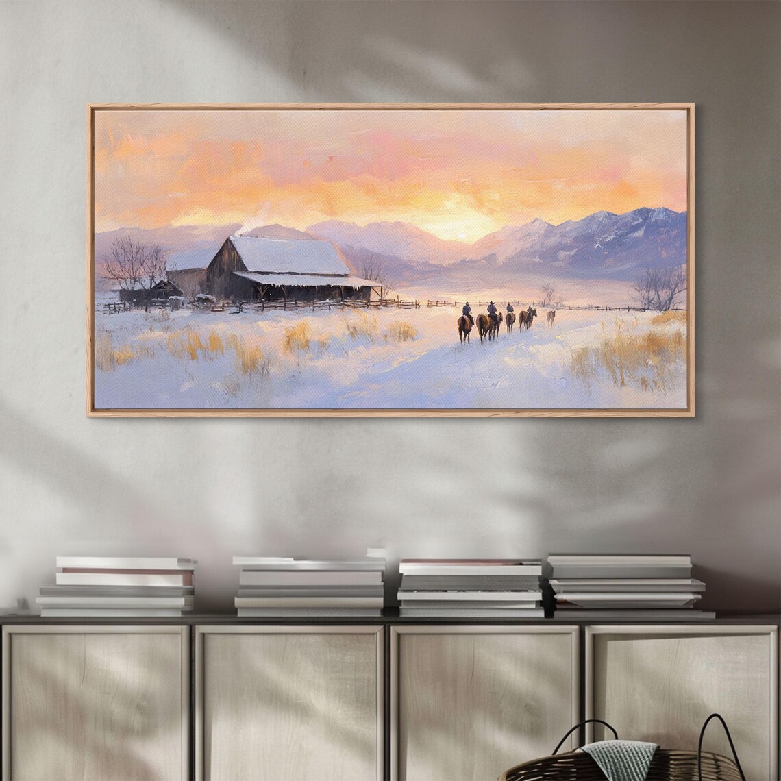 Snowy Farmhouse Sunset Ranch Barn Riders Winter Mountain Poster - Image 3