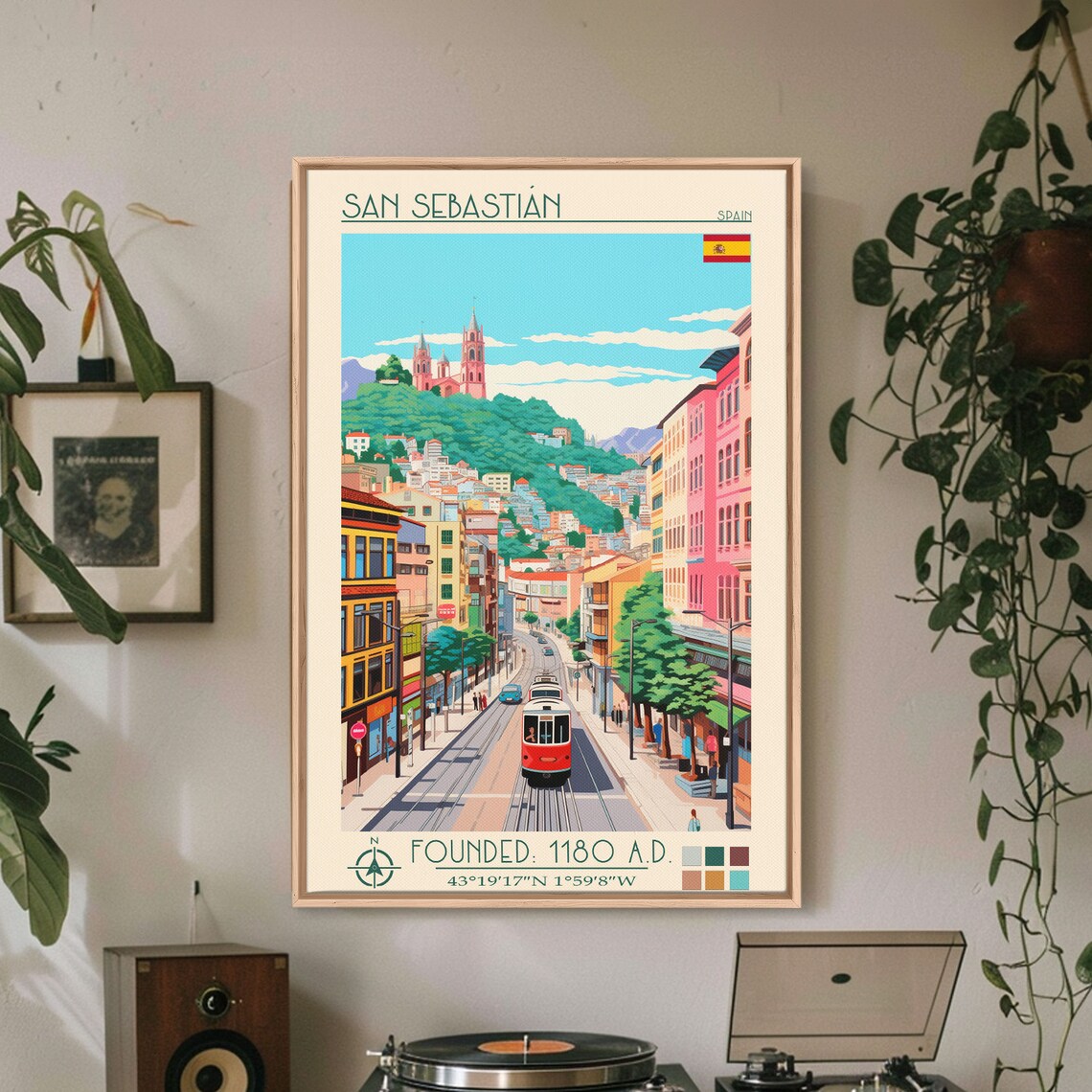 San Sebastian Spain Tram Hilltop Church Street View Travel Poster