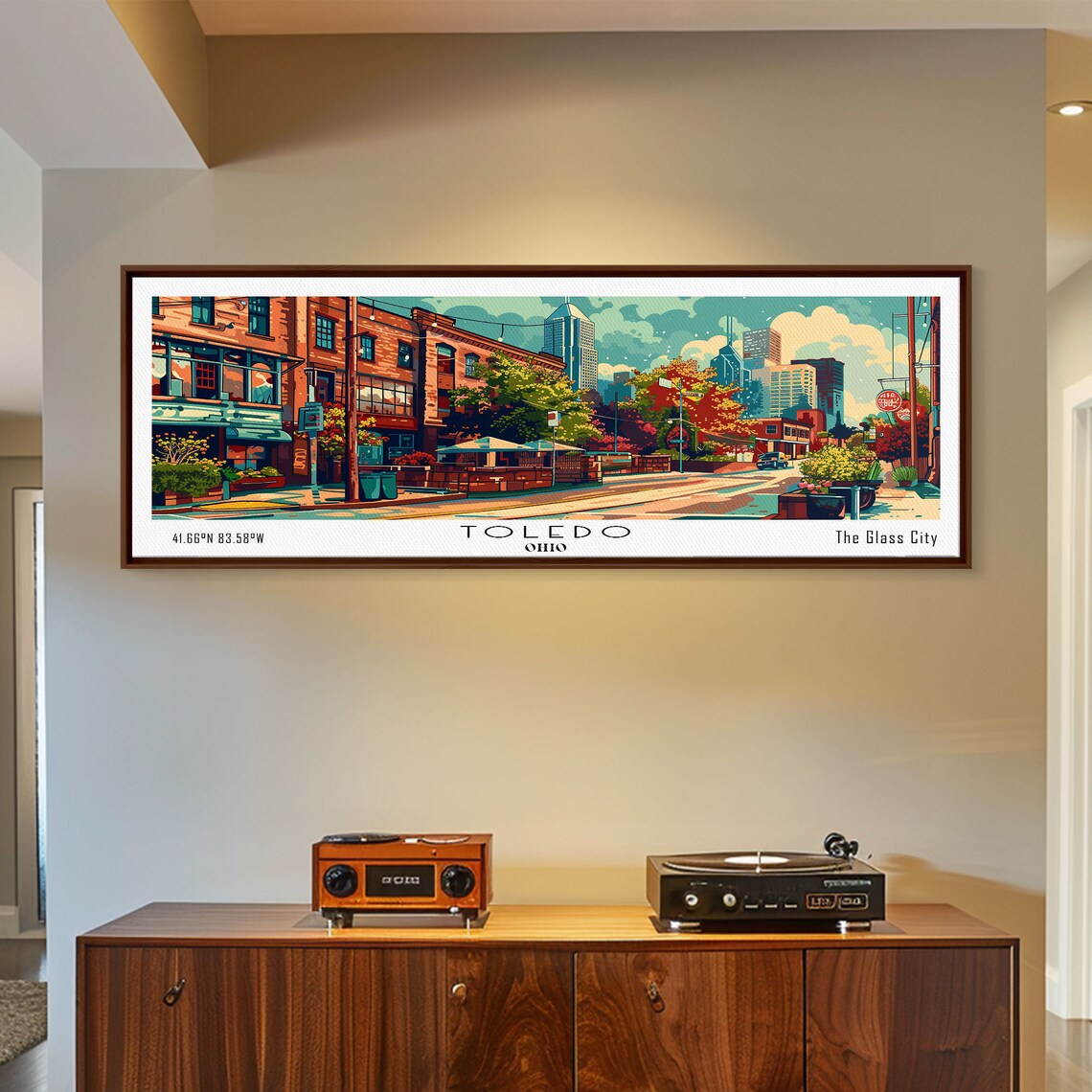 Toledo Ohio Glass City Historic Brick Street Skyline Travel Poster
