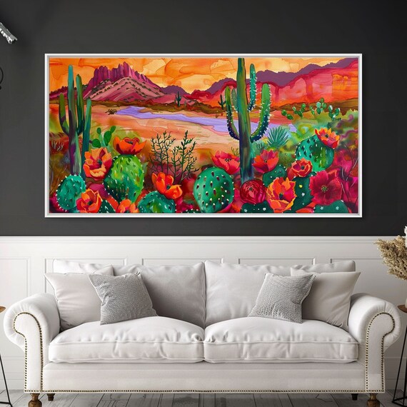 Majestic Cacti And Mountains At Sunset Captivating Framed Print For Bedroom Southwestern Style Wall Art Nature Scene