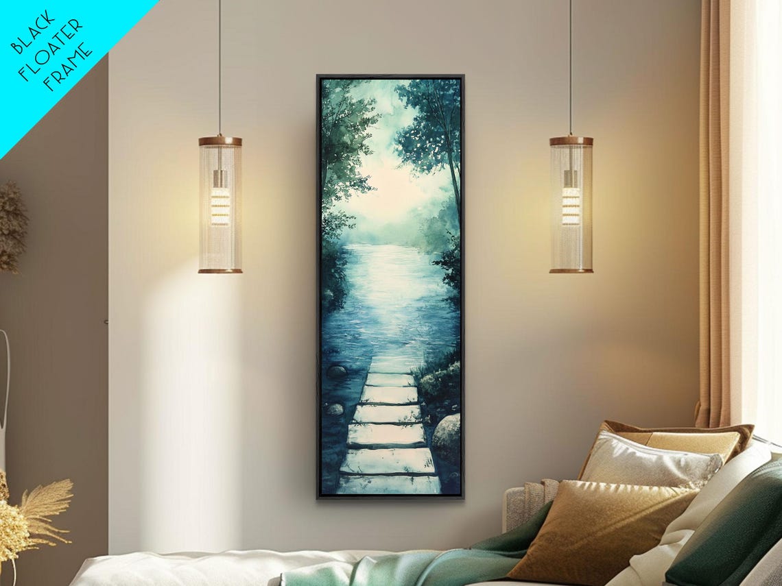 Serene Blue River Stepping Stones Misty Forest Path Art Poster - Image 3