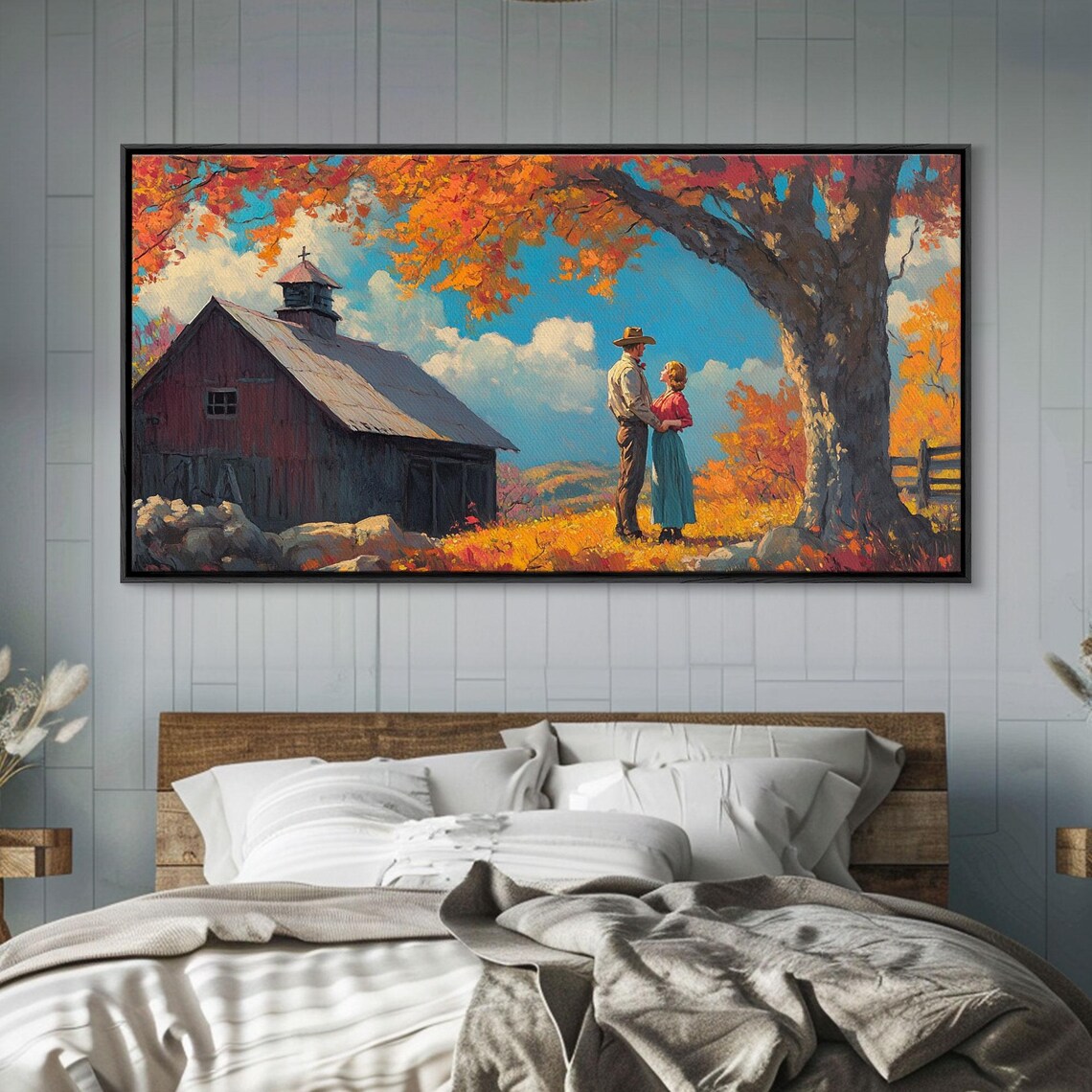 Western Couple Embracing By A Red Barn In Bright Autumn Art Print - Image 4