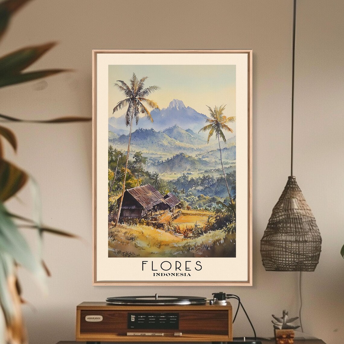 Flores Indonesia Palm Valley Misty Volcano Peaks Watercolor Poster