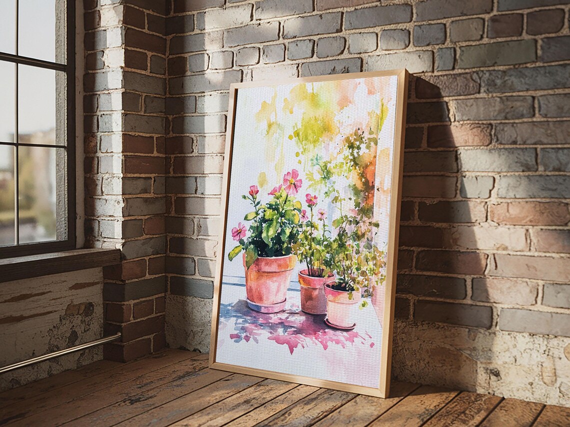 Potted Plants Watercolor Terracotta Pots Sunny Botanical Garden Print - Image 4