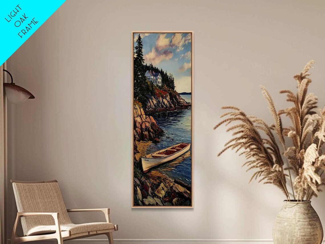 Coastal Cliff Cottage Rowboat Harbor Ocean Landscape Wall Art - Image 3