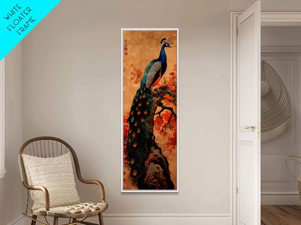 Majestic Peacock Autumn Leaves Gold Background Japanese Art Poster