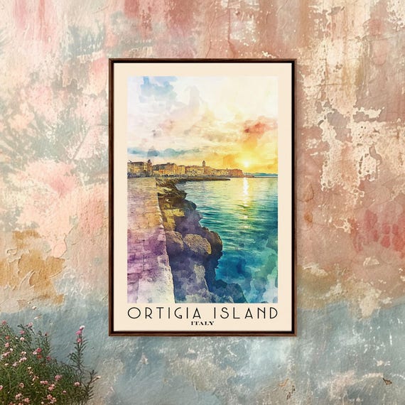 Ortigia Island Italy Watercolor Print Vacation Gift Italy Wall Art Beach Painting Beach Decor Large Wall Art Wood Frame Art