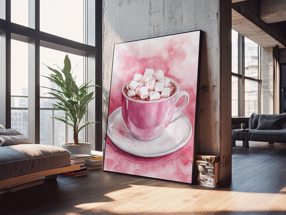 Pink Hot Chocolate Cup Marshmallows Cozy Watercolor Kitchen Wall Art - Image 2