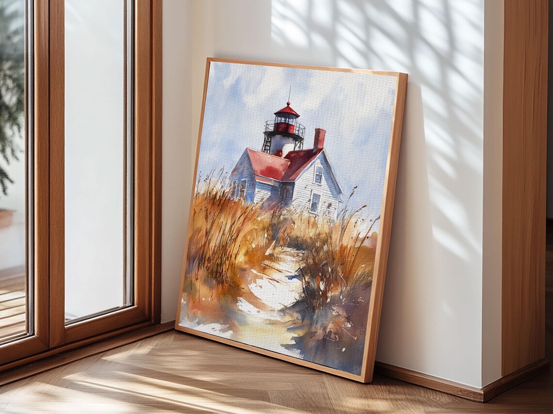 Maine Lighthouse Red Roof Dune Grass Watercolor Nautical Poster - Image 4