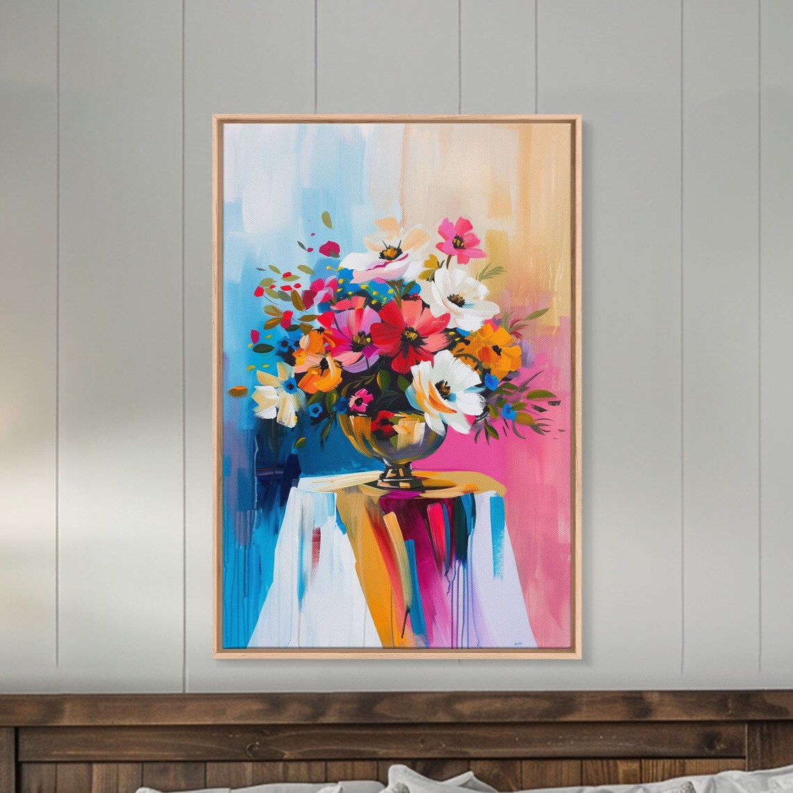 Colorful Flower Bouquet In Vase Pink Blue Modern Floral Poster