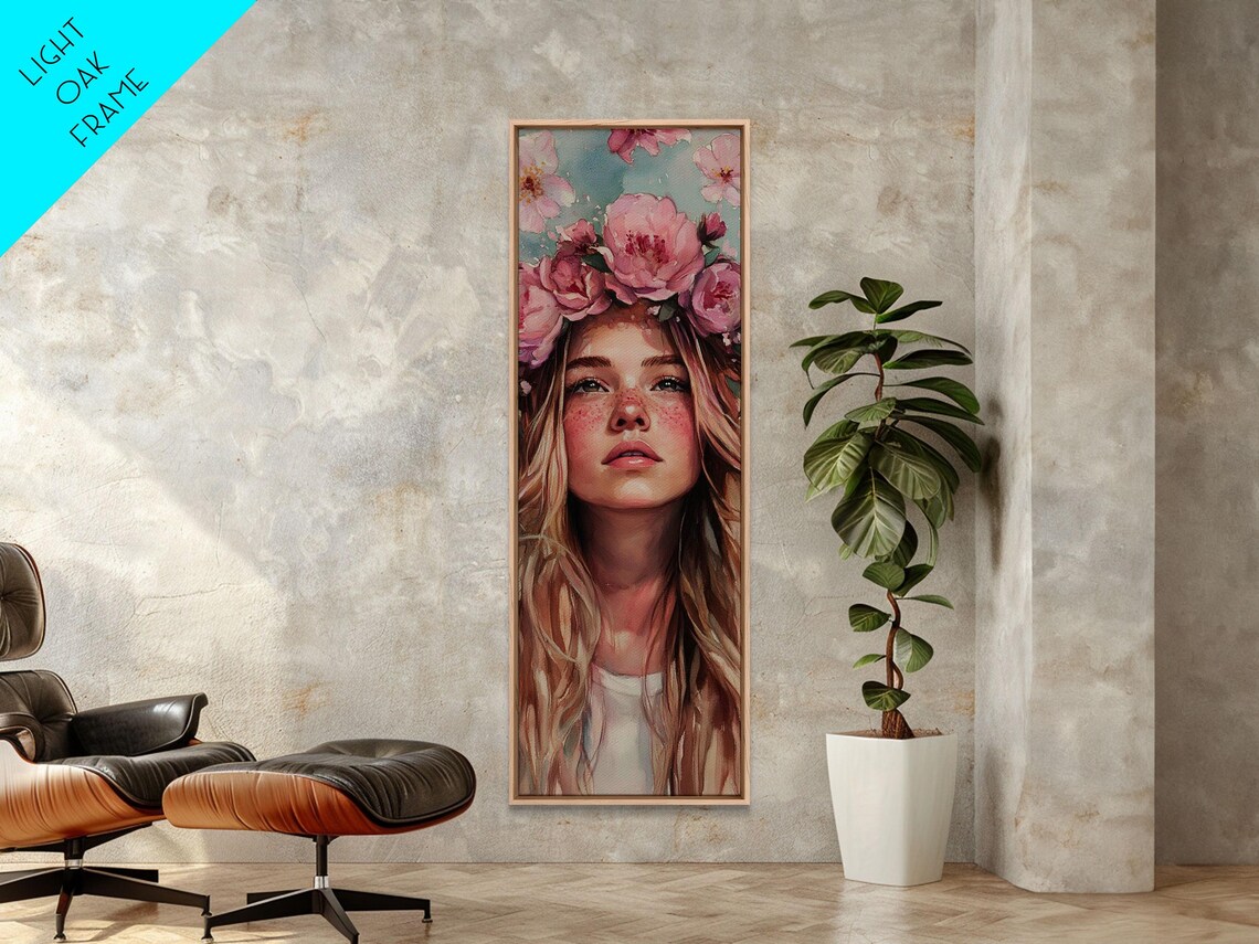 Flower Crown Girl Portrait Watercolor Blooming Pink Floral Wall Art - Image 6