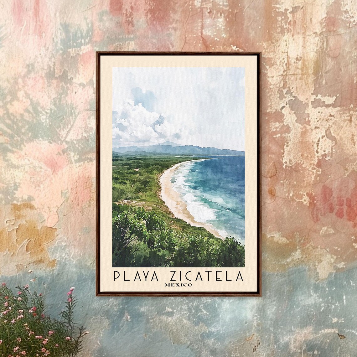Playa Zicatela Mexico Long Surf Beach Green Hills Watercolor Travel Poster