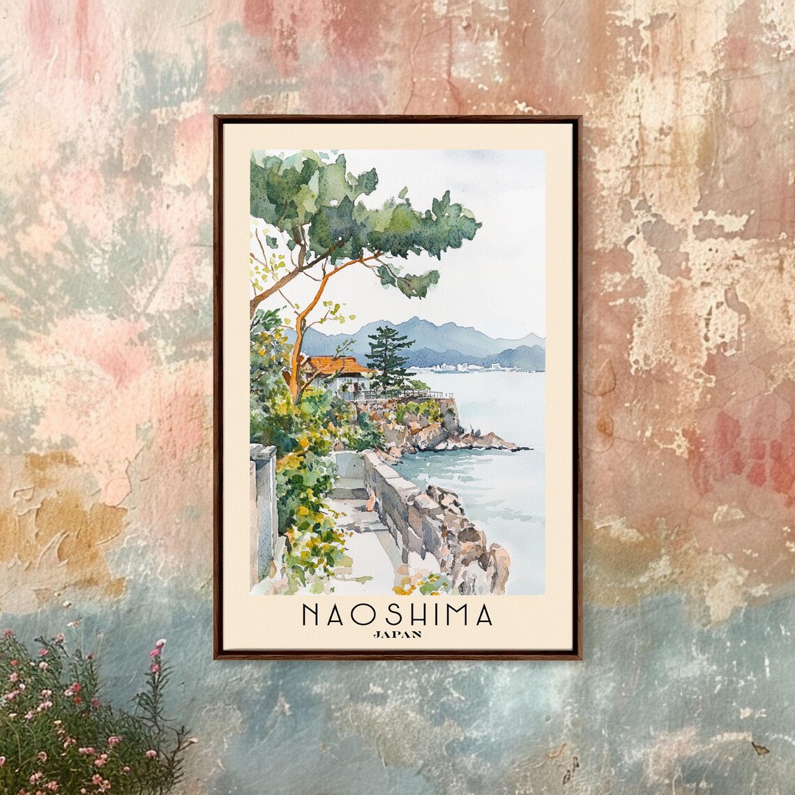 Naoshima Japan Cliff Path Pine Sea View Watercolor Travel Poster