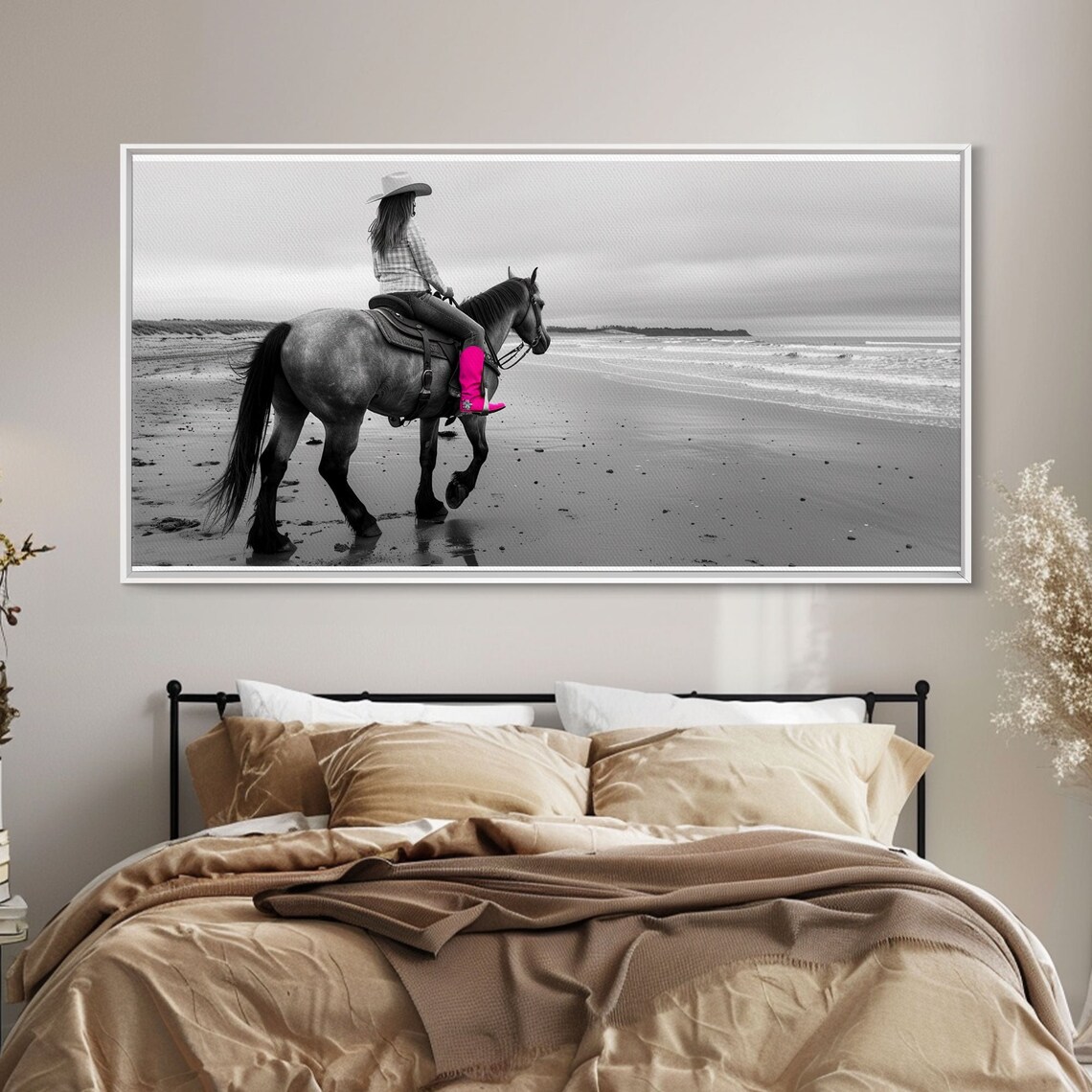 Cowgirl On Horseback At The Beach With Pink Boots Black White Print - Image 4