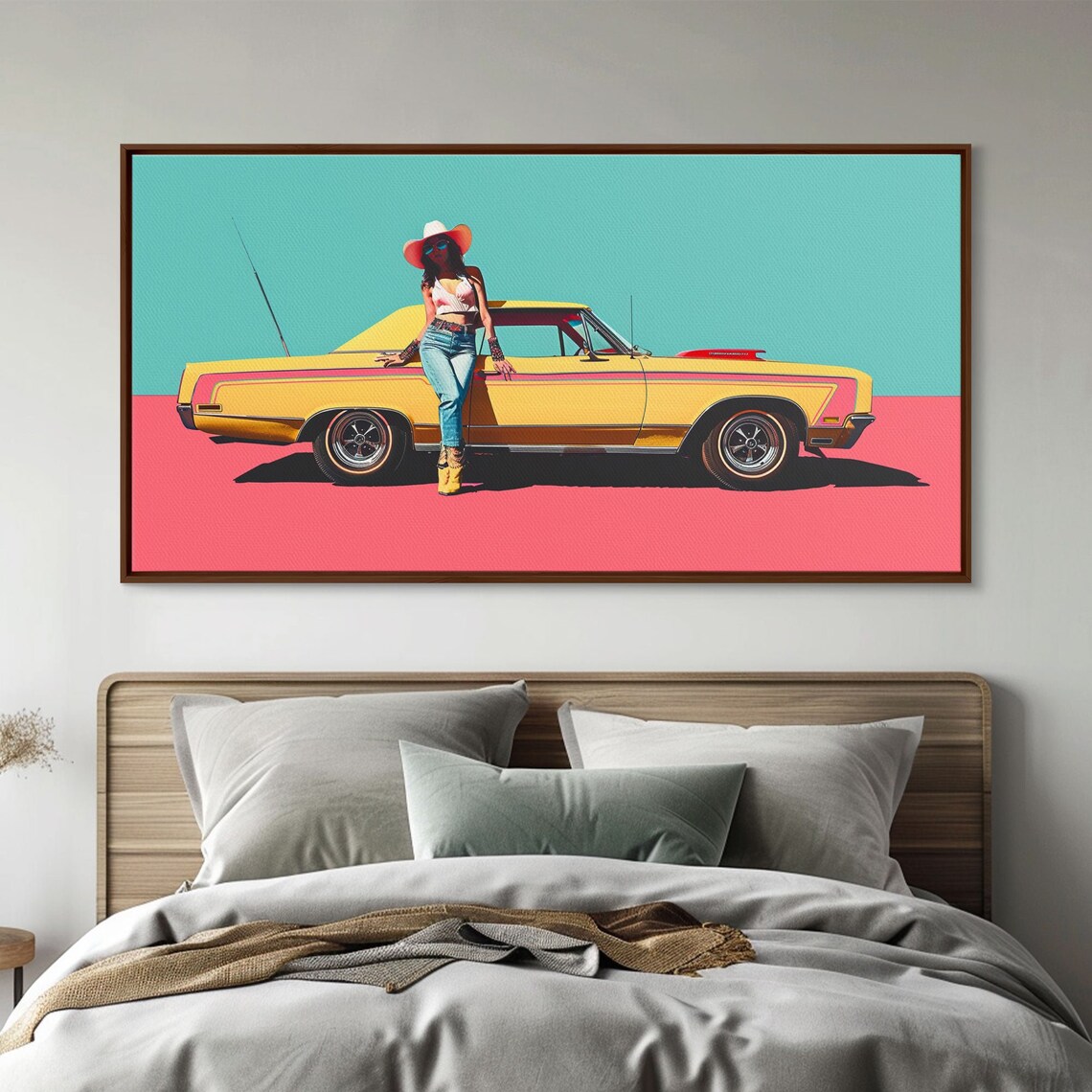 Bold Pop Art Cowgirl With Yellow Classic Muscle Car Turquoise Poster - Image 2
