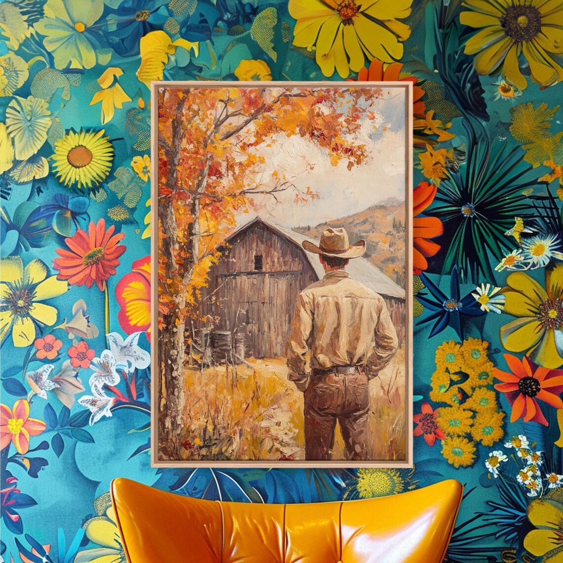Cowboy Standing Before Weathered Barn Autumn Trees Golden Field Poster - Image 3
