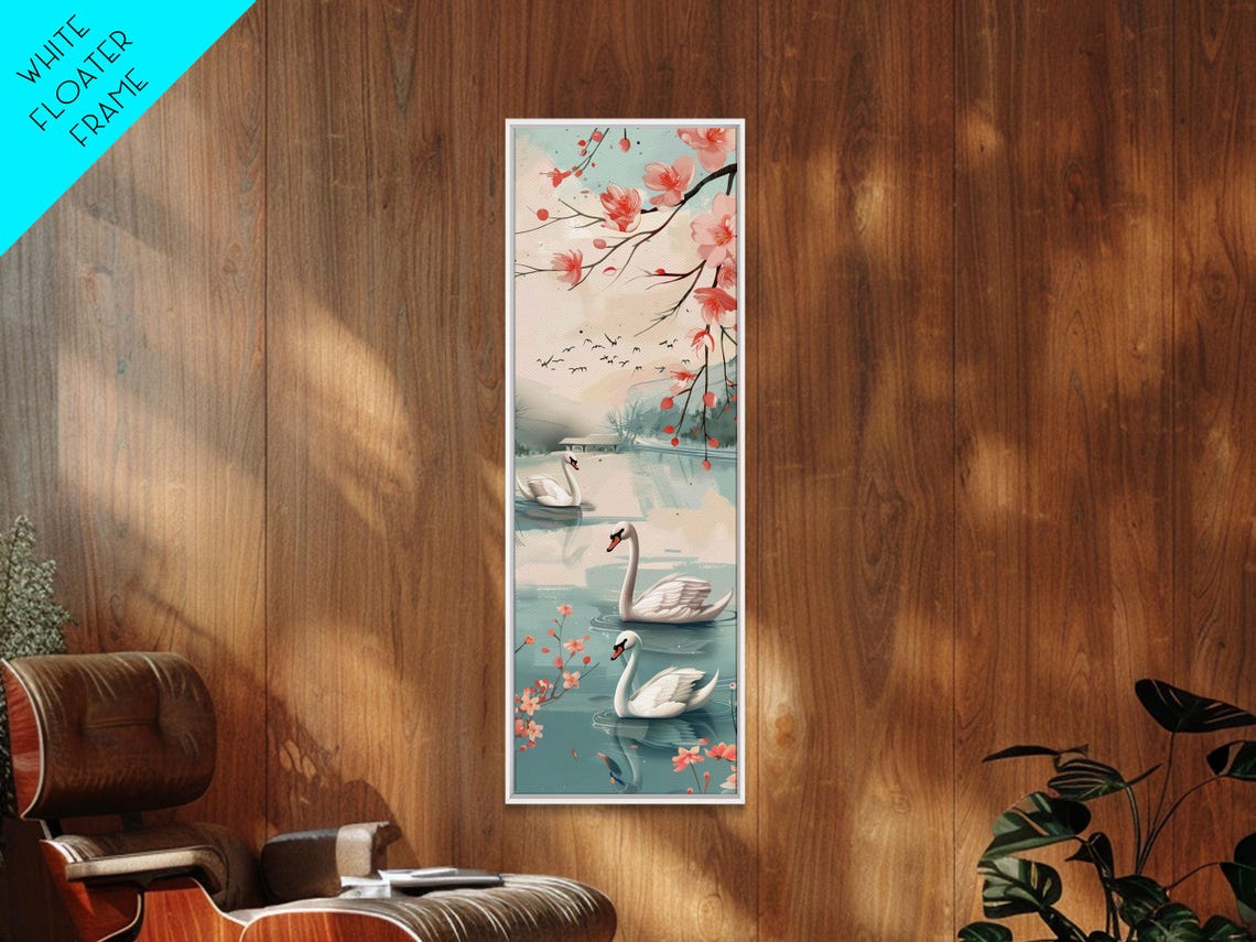 White Swans Lake Cherry Blossoms Japanese Style Tall Art Poster - Image 3