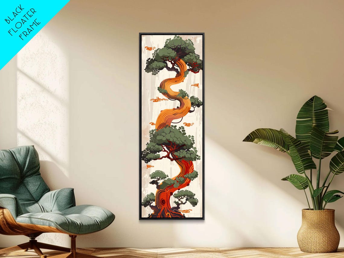 Twisted Pine Tree Green Foliage Orange Trunk Japanese Art Poster - Image 3