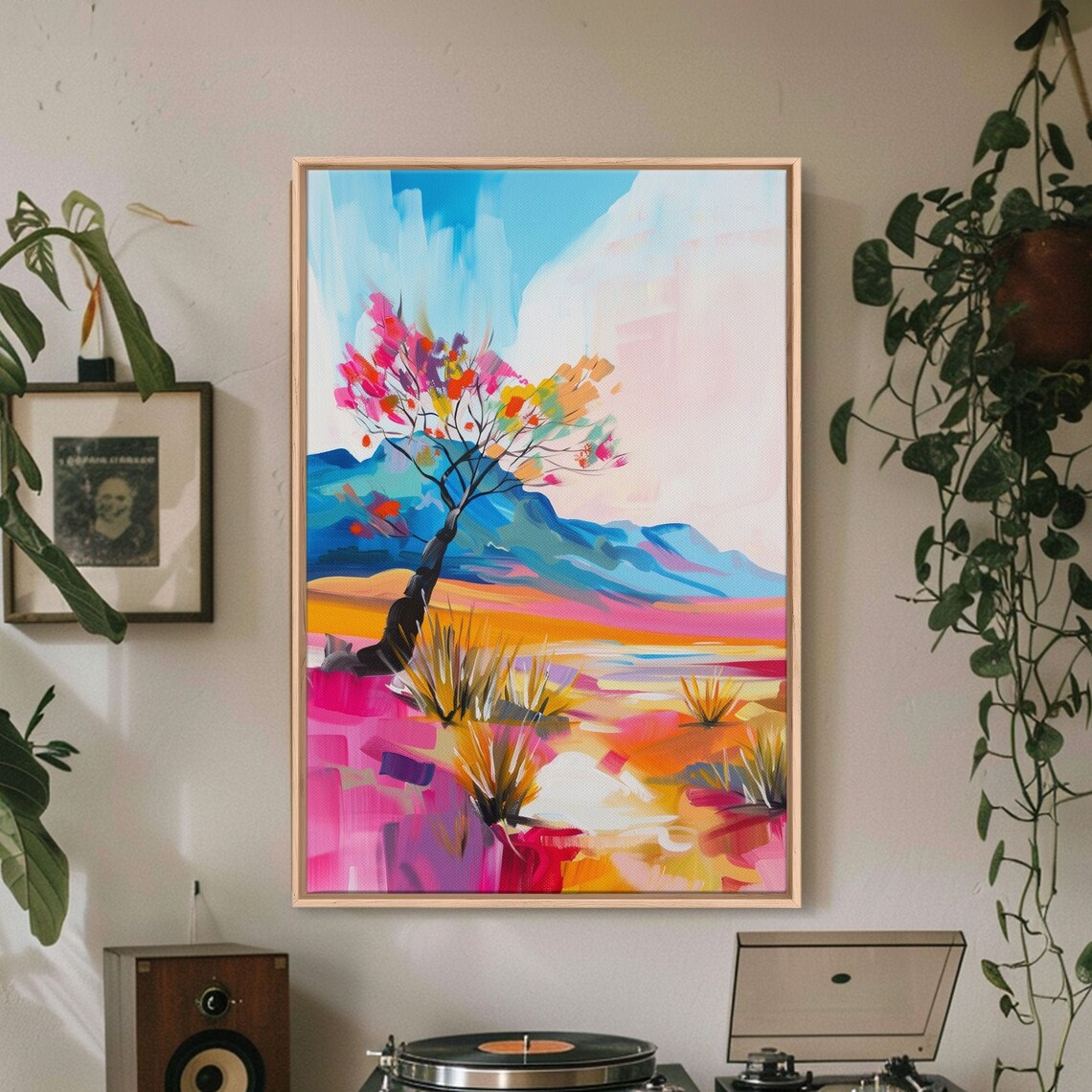 Colorful Desert Tree Blooming Mountain Oasis Landscape Art Poster - Image 2
