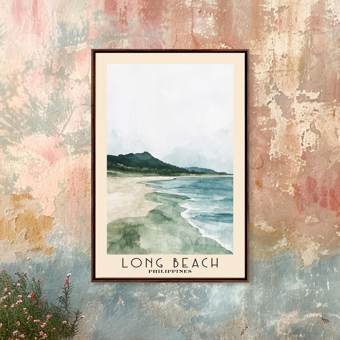 Long Beach Philippines Watercolor Green Hills Sandy Shore Travel Poster - Image 4
