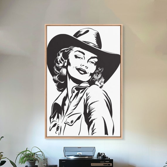 Smiling Cowgirl Portrait Art Print Western Silhouette Framed Vintage Cowgirl Artwork Unique Wall Decor