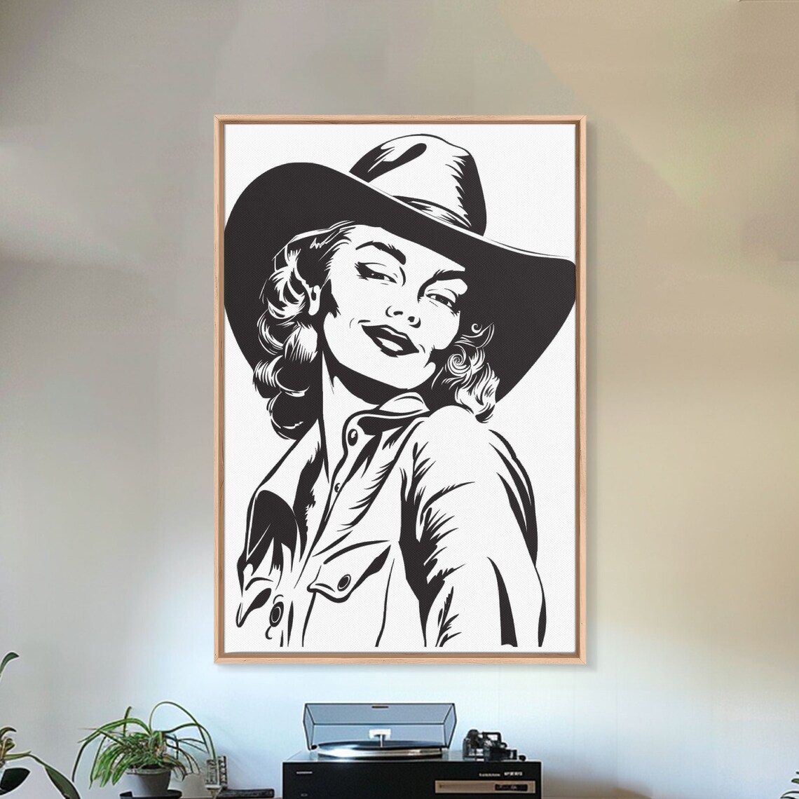 Cowgirl Portrait Black White Pop Art Cowboy Hat Western Wall Print