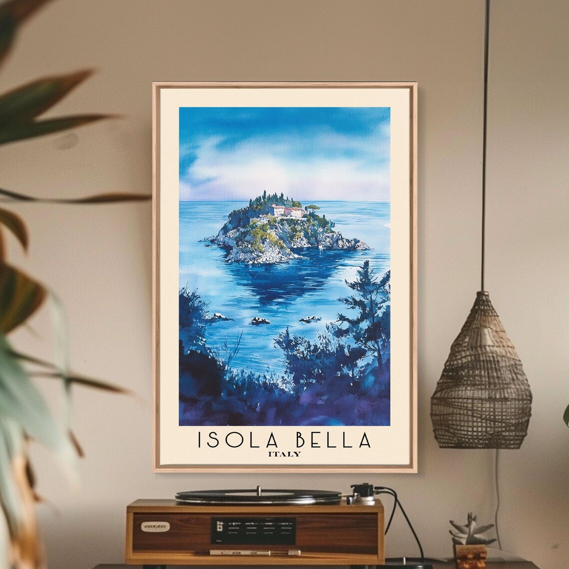 Isola Bella Italy Rocky Island Villa Deep Blue Sea Watercolor Art Poster