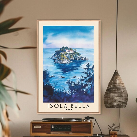 Isola Bella Italy Rocky Island Villa Deep Blue Sea Watercolor Art Poster