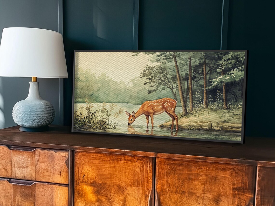 Deer Drinking At Forest Lake Misty Woods Watercolor Painting Print - Image 3