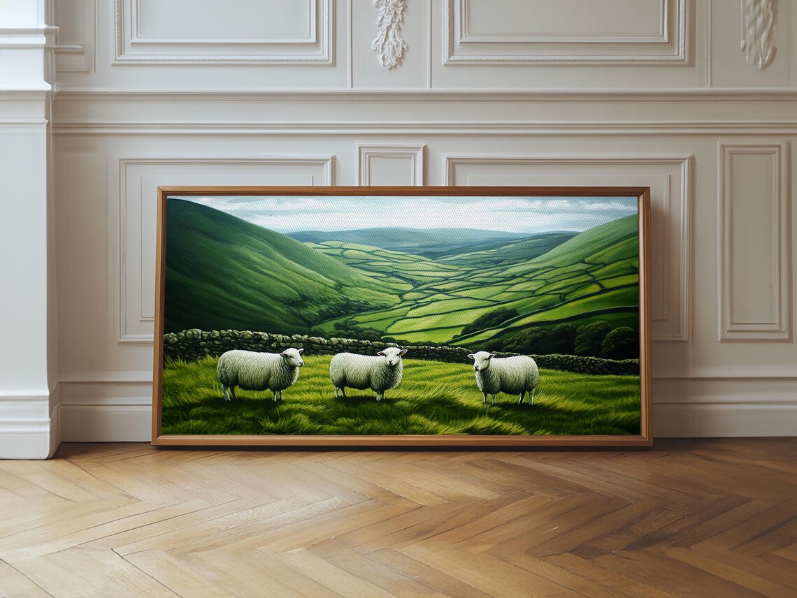 Three Sheep In Lush Green Valley Rolling Hills Pasture Painting Print - Image 6