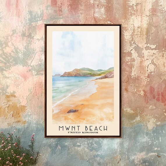 Mwnt Beach United Kingdom Golden Sand Headland Watercolor Travel Poster