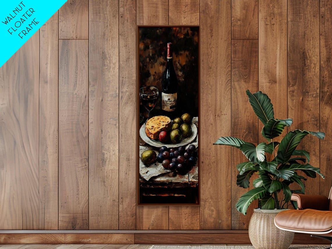 Rustic Wine Bottle Cheese Fruit Still Life Dark Kitchen Art Poster - Image 6