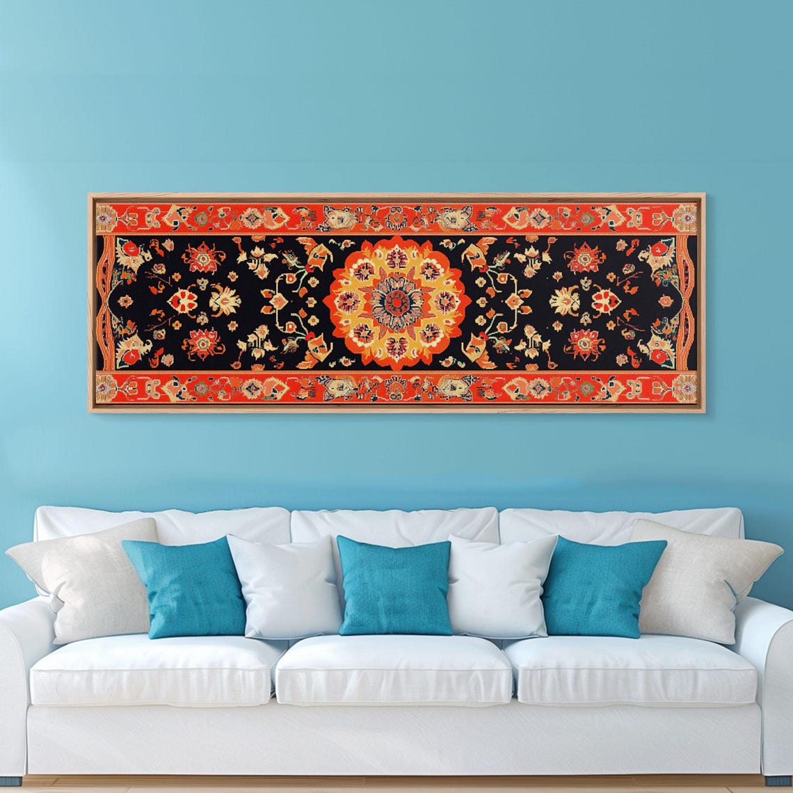 Red Black Floral Medallion Tapestry Pattern Panoramic Art Print - Image 4