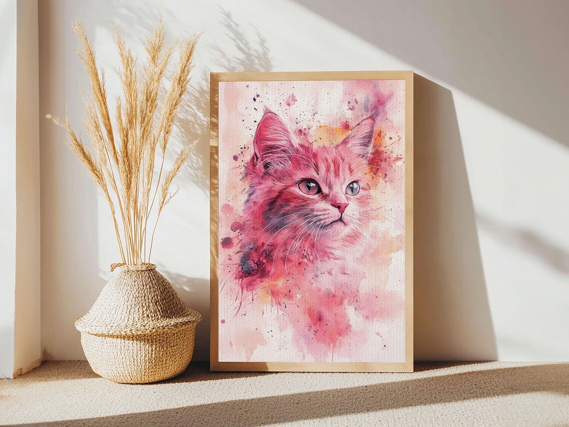 Pink Cat Portrait Watercolor Whimsical Feline Bedroom Wall Art Poster - Image 2