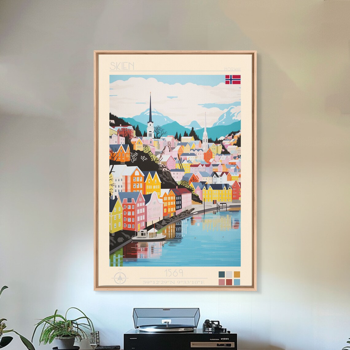 Skien Norway Harbor Colorful Houses Church Spires View Travel Poster - Image 3