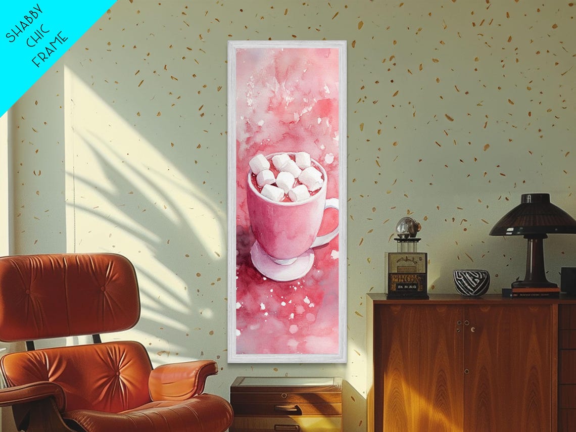 Pink Hot Cocoa Mug With Marshmallows Watercolor Cozy Winter Wall Art - Image 4