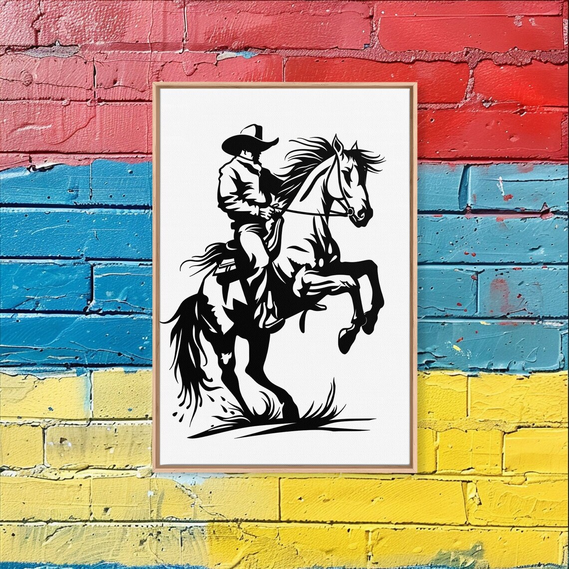 Cowboy Riding Rearing Horse Black Silhouette Minimalist Poster - Image 4