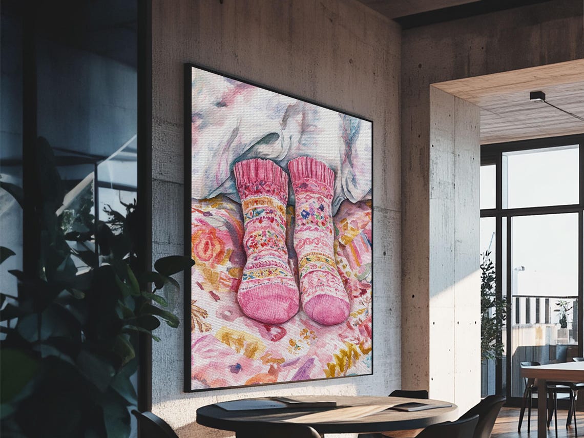 Cozy Pink Socks Watercolor Patterned Knit Winter Bedroom Art Poster