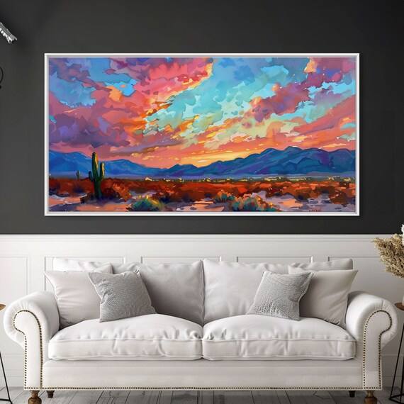 Road Through Desert At Sunset Colorful Southwestern Art Framed Print Boho Wall Decor Rustic Living Room Art Desert Scene