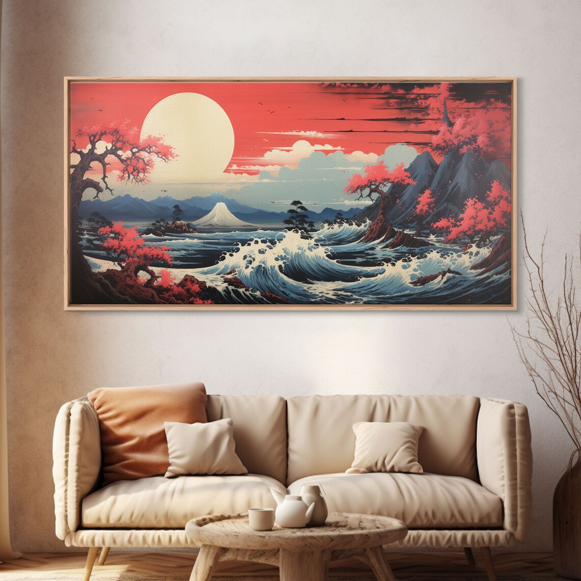 Mount Fuji Great Wave Red Sun Cherry Blossoms Japanese Woodblock Style Art Poster - Image 4