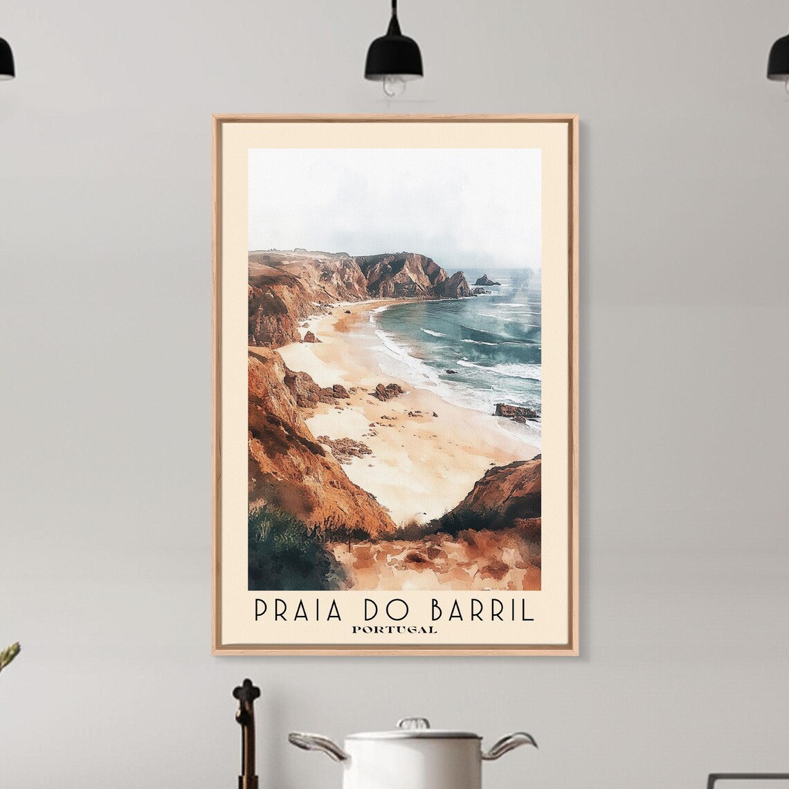 Praia do Barril Portugal Sandy Cove Between Red Cliffs Blue Surf Watercolor Poster - Image 6