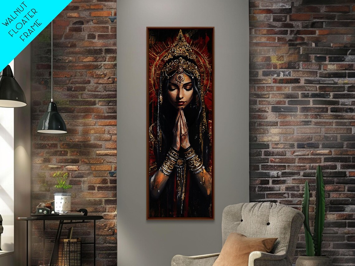 Indian Goddess Prayer Golden Halo Dark Red Ornate Art Poster - Image 5