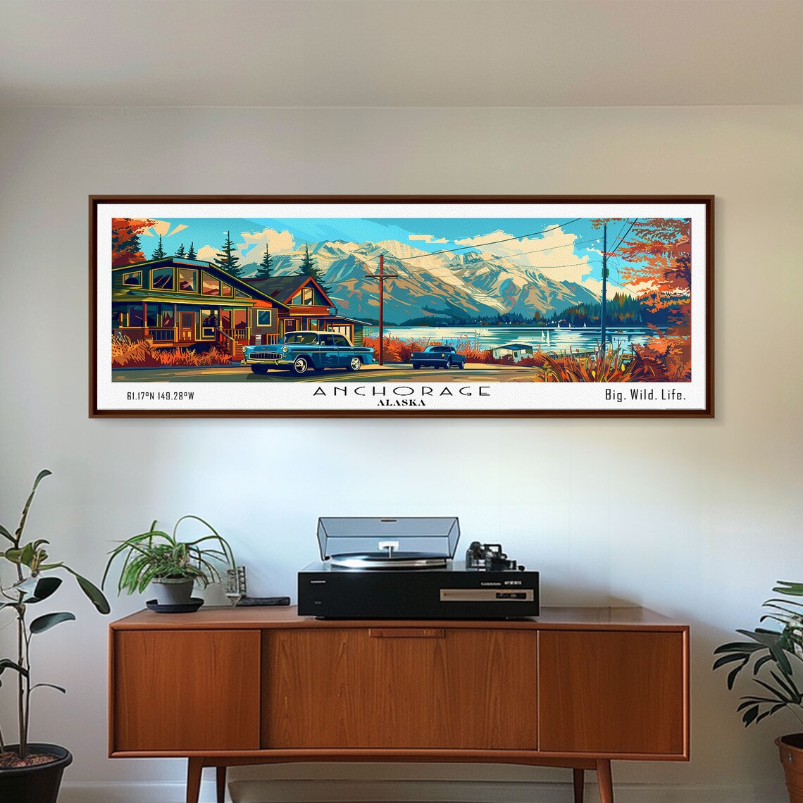 Anchorage Alaska Lakeside Cabins Snowy Mountains Vintage Truck Travel Poster - Image 3