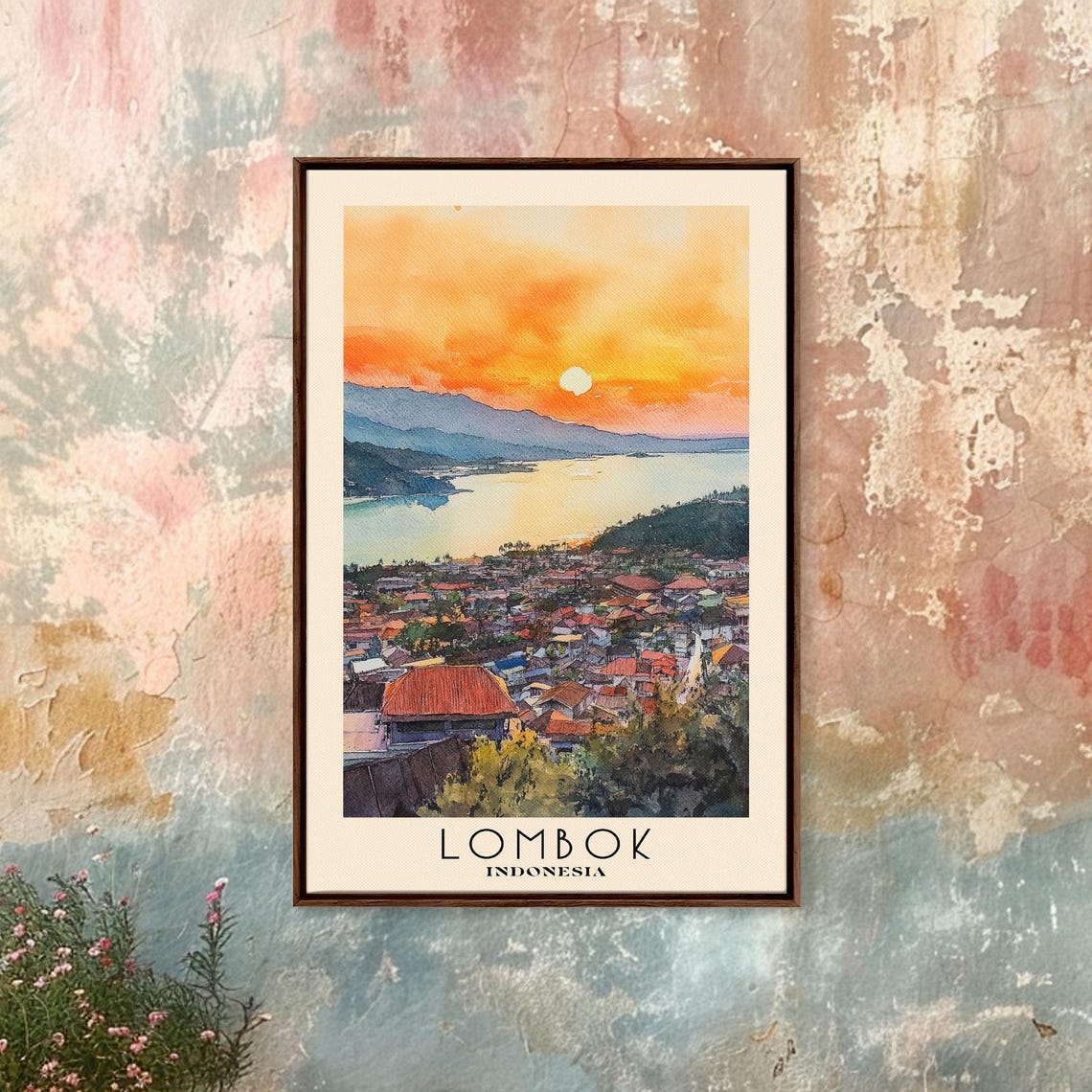 Lombok Indonesia Sunset Coastal Town Bay Mountain View Travel Poster - Image 5