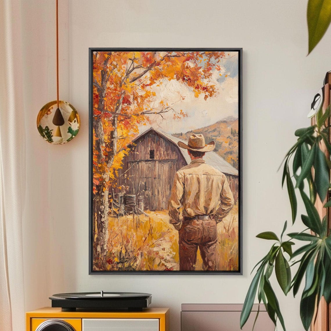 Cowboy Standing Before Weathered Barn Autumn Trees Golden Field Poster - Image 5