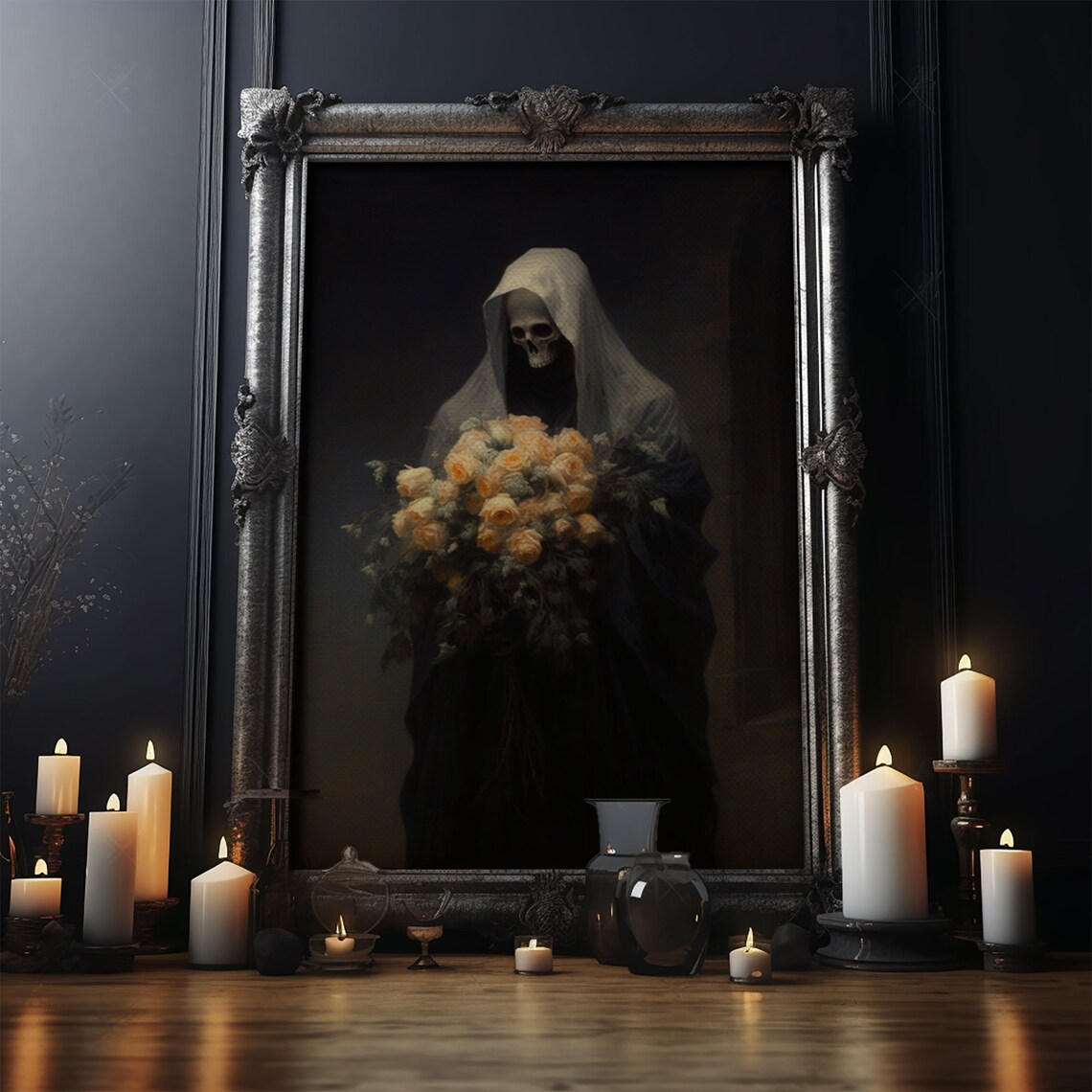 Grim Reaper Holding Yellow Roses Bouquet Dark Oil Painting Gothic Halloween Wall Art Print - Image 4