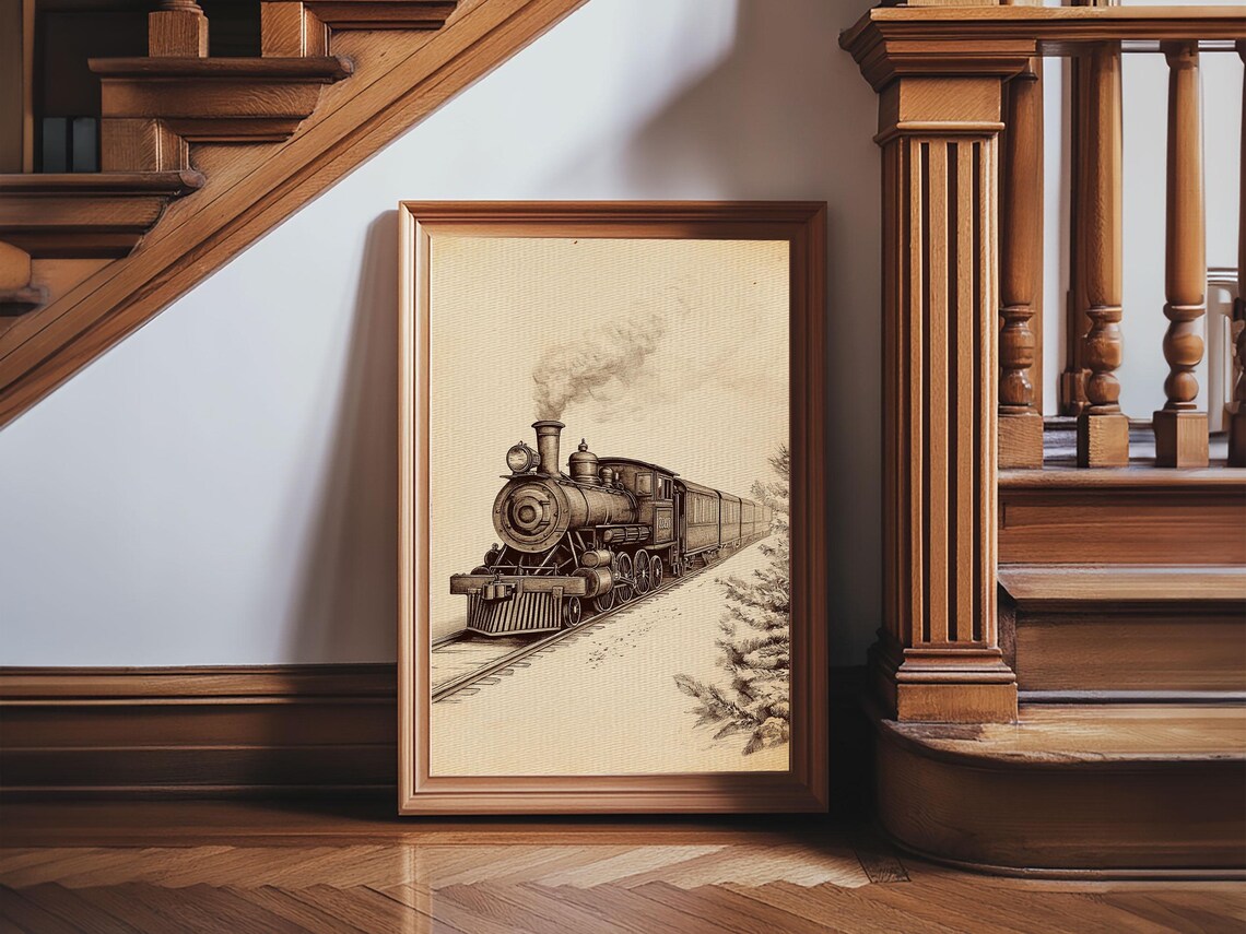 Vintage Steam Locomotive Sepia Sketch Railroad Train Enthusiast Poster - Image 4