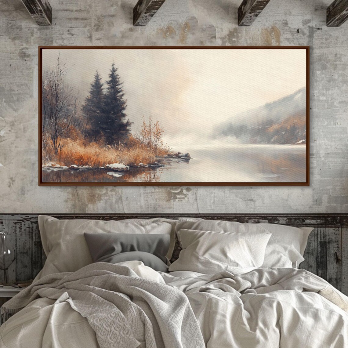 Fall On The River Watercolor Misty Banks Pines Still Water Poster - Image 2